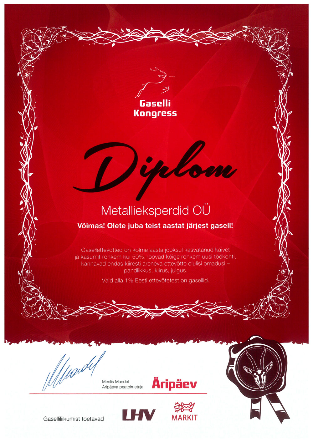 Metallieksperdid OÜ on Gasell 2018